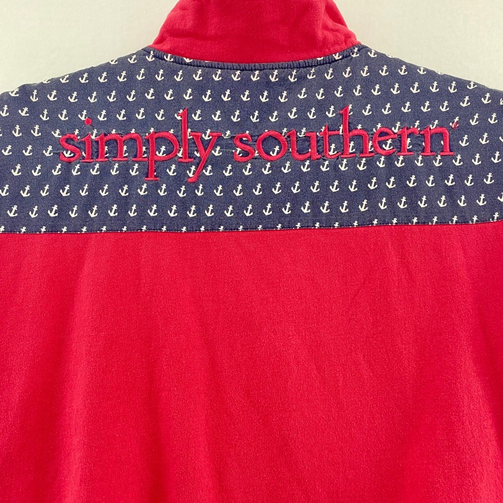 Simply Southern XL Quarter Zip Sweatshirt Pink Navy Anchor Patch Nautical Preppy - Picture 8 of 9
